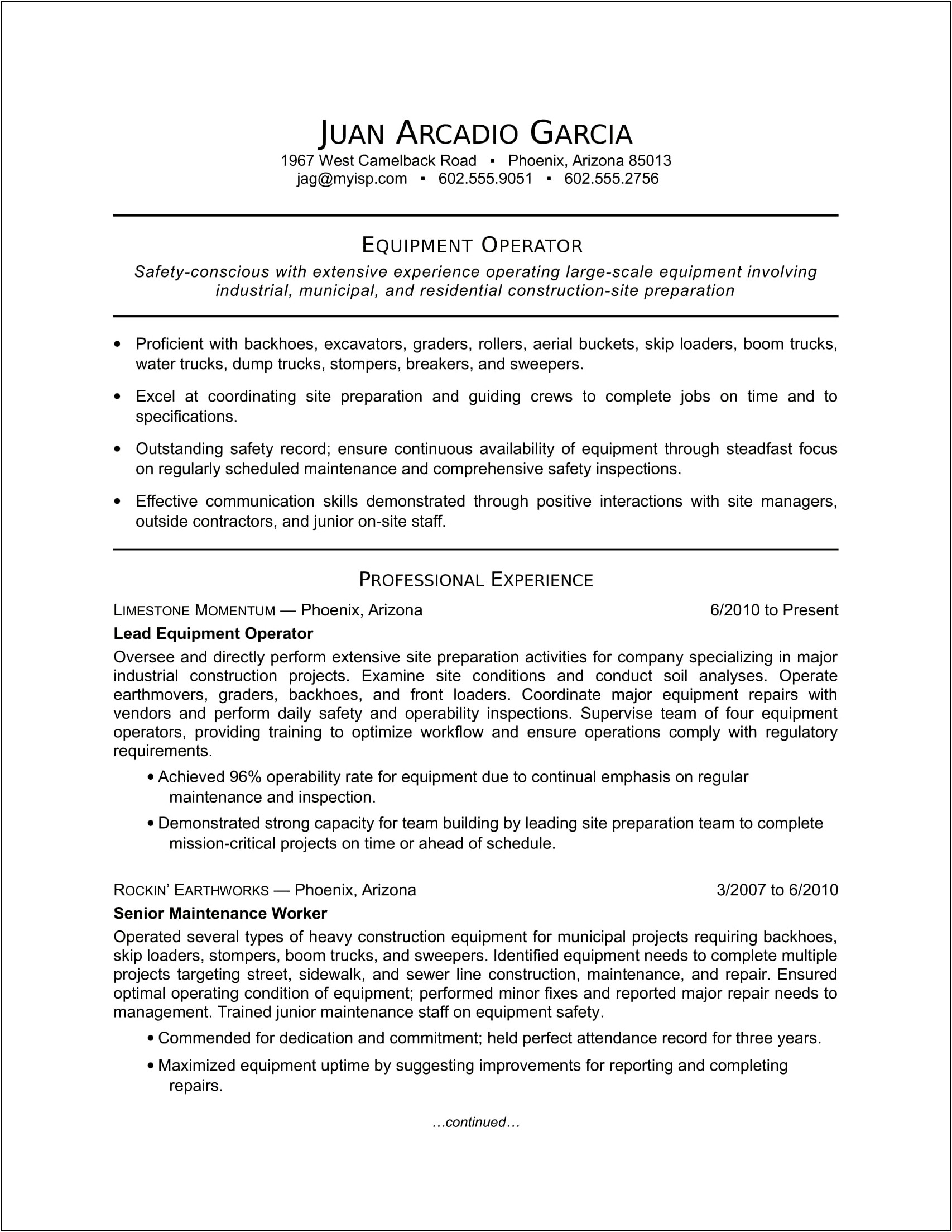 Resume Objective For Equipment Operator
