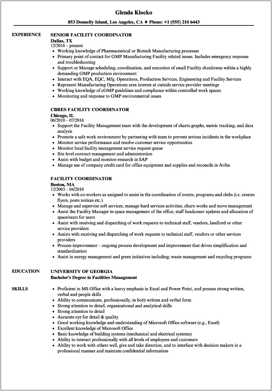 Resume Objective For Facilities Coordinator