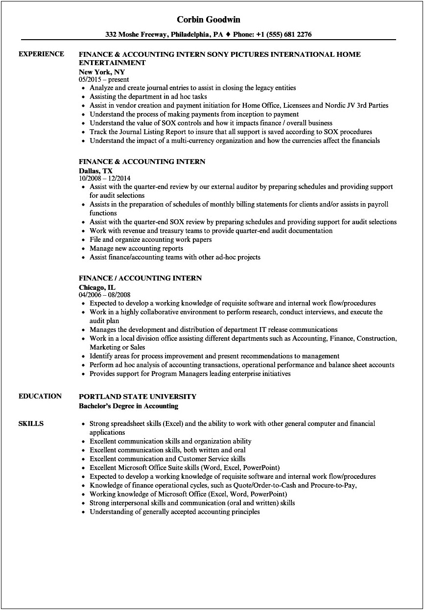 Resume Objective For Finance Internship