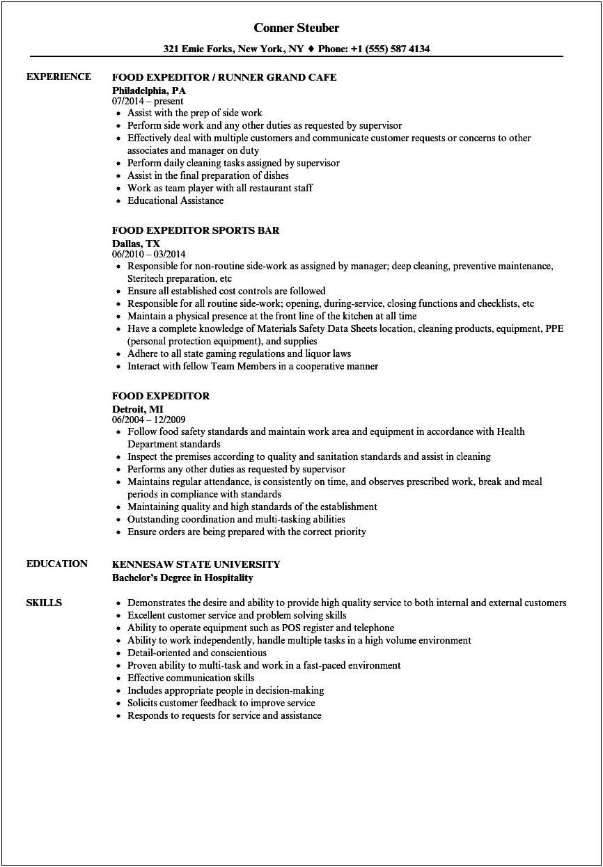 Resume Objective For Food Prep