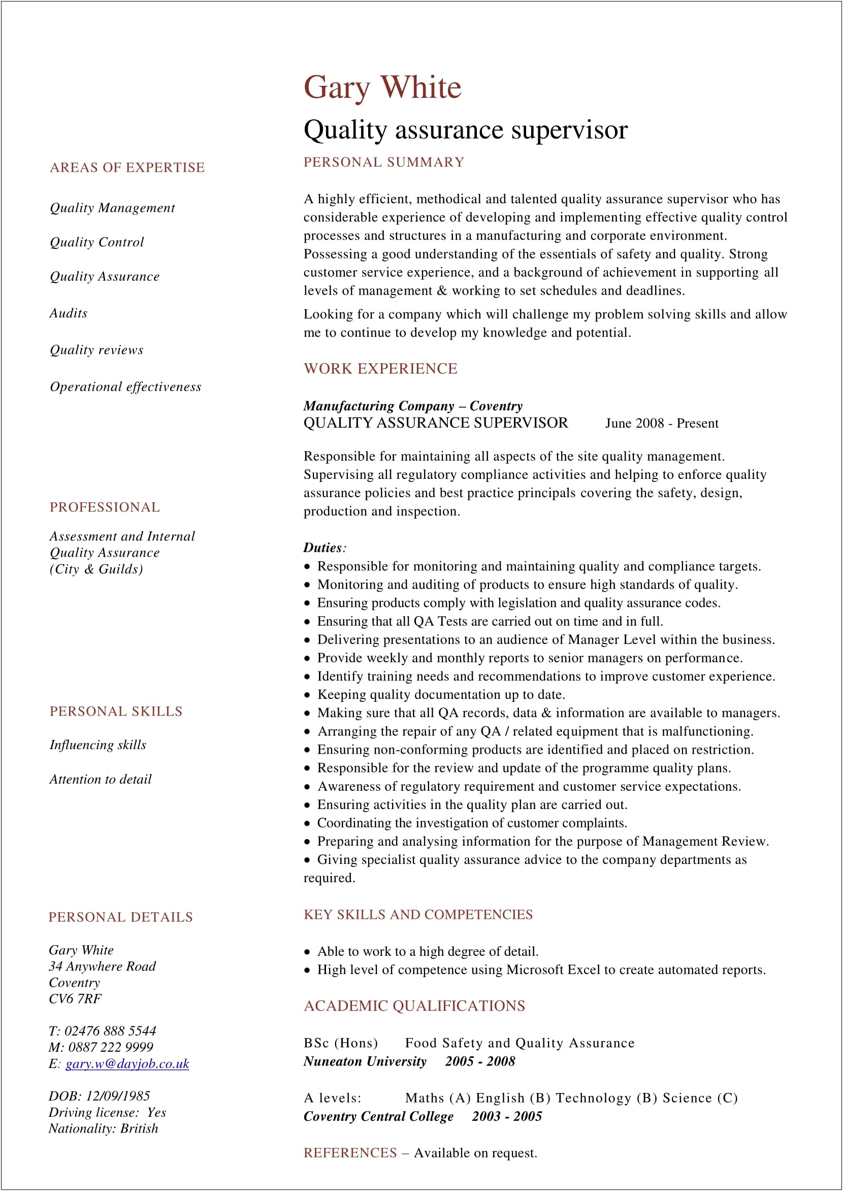 Resume Objective For Food Quality Assurance