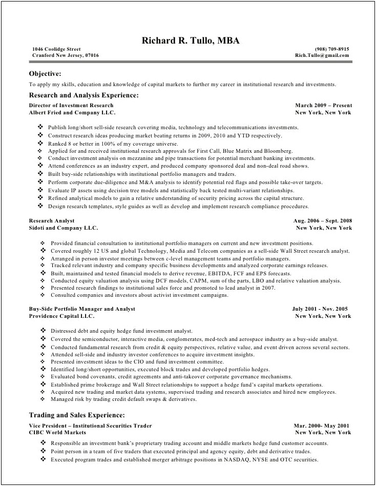 Resume Objective For Hedge Fund