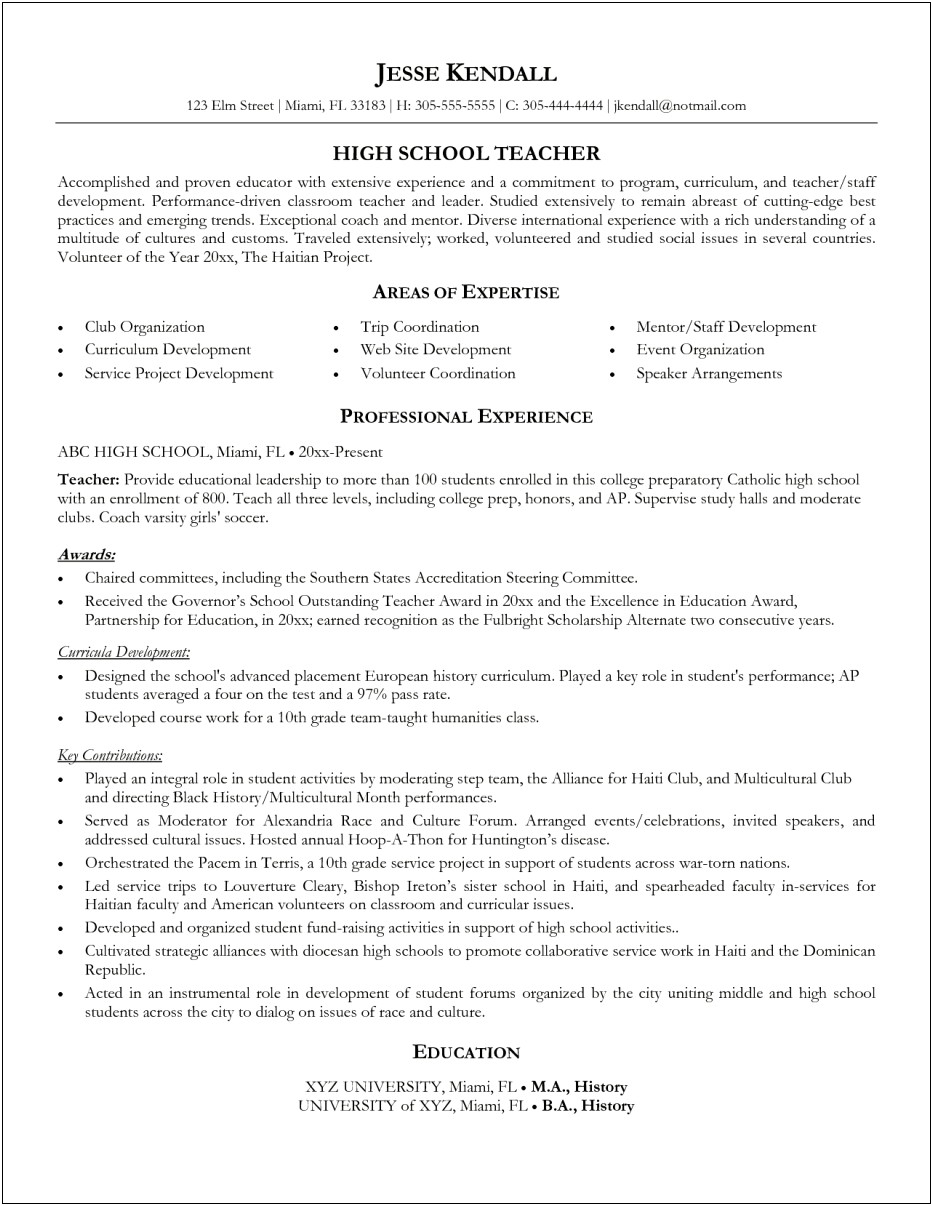 Resume Objective For High School Teacher