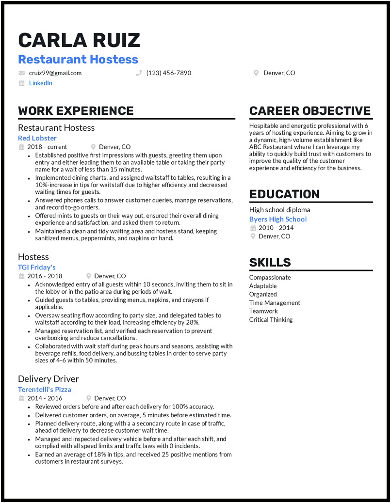 Resume Objective For Host Job