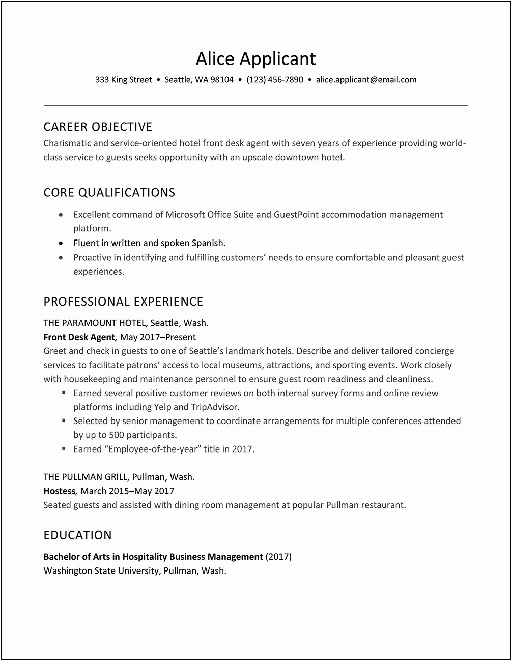 Resume Objective For Hotel Receptionist