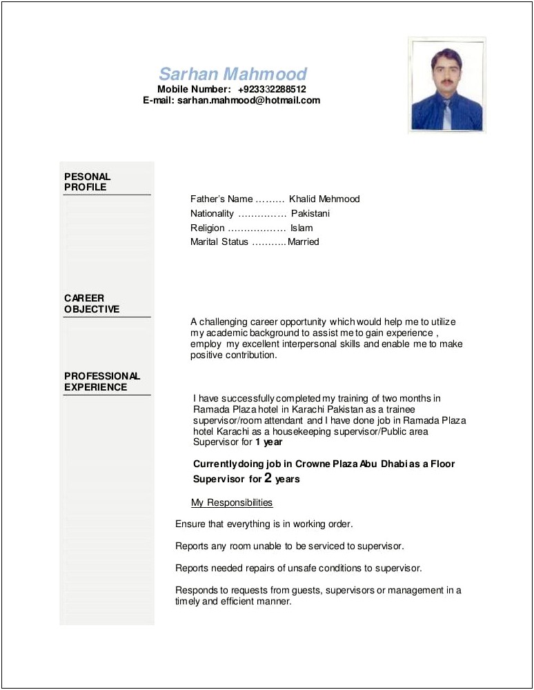 Resume Objective For Hotel Room Attendant