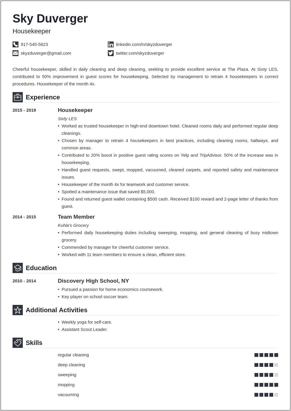 Resume Objective For Housekeeping Job