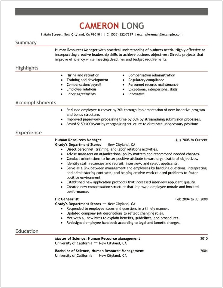 Resume Objective For Human Resource Position