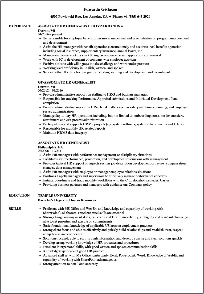 Resume Objective For Human Resources Generalist