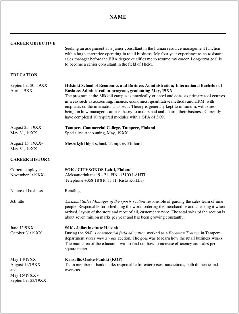Resume Objective For Human Resources Internship