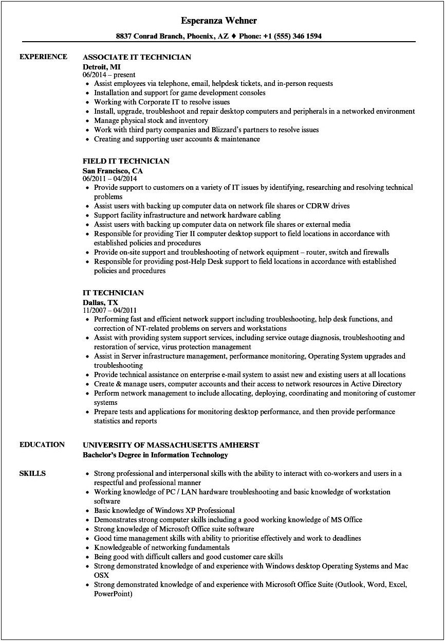 Resume Objective For Installation Technician
