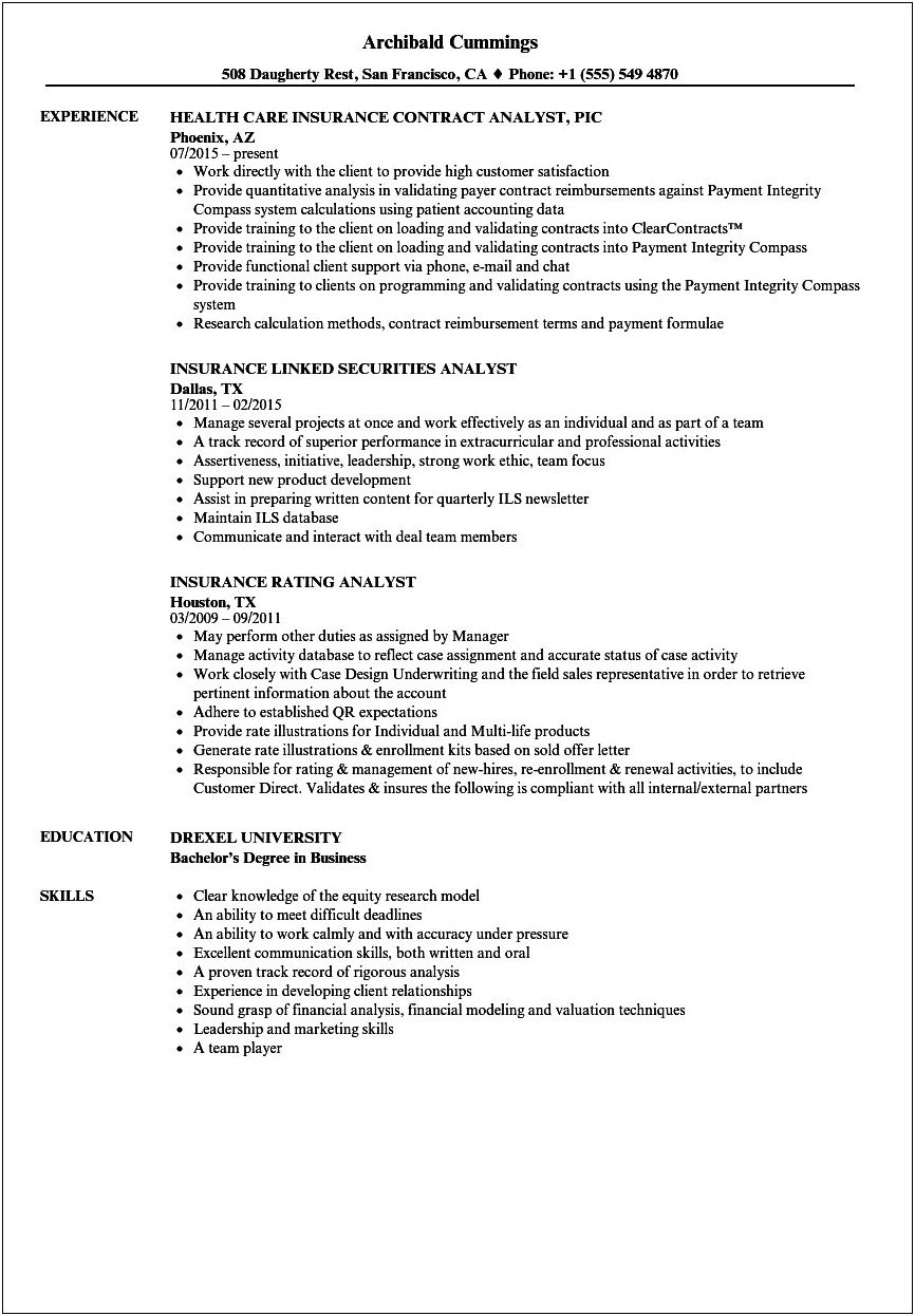 Resume Objective For Insurance Business Analyst