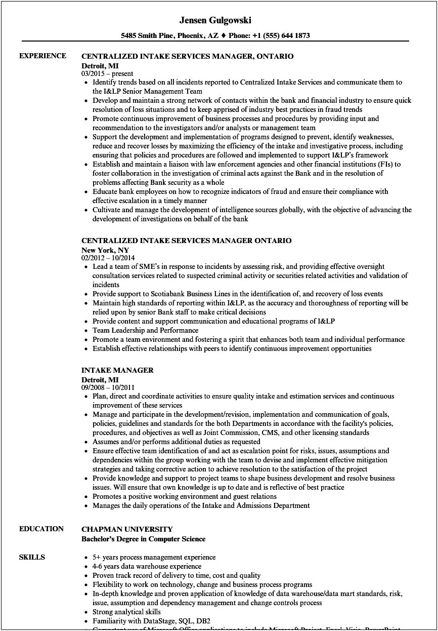 Resume Objective For Intake Coordinator