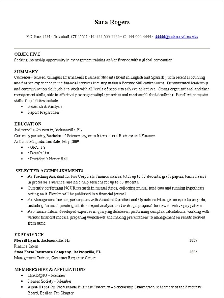 Resume Objective For International Business Student