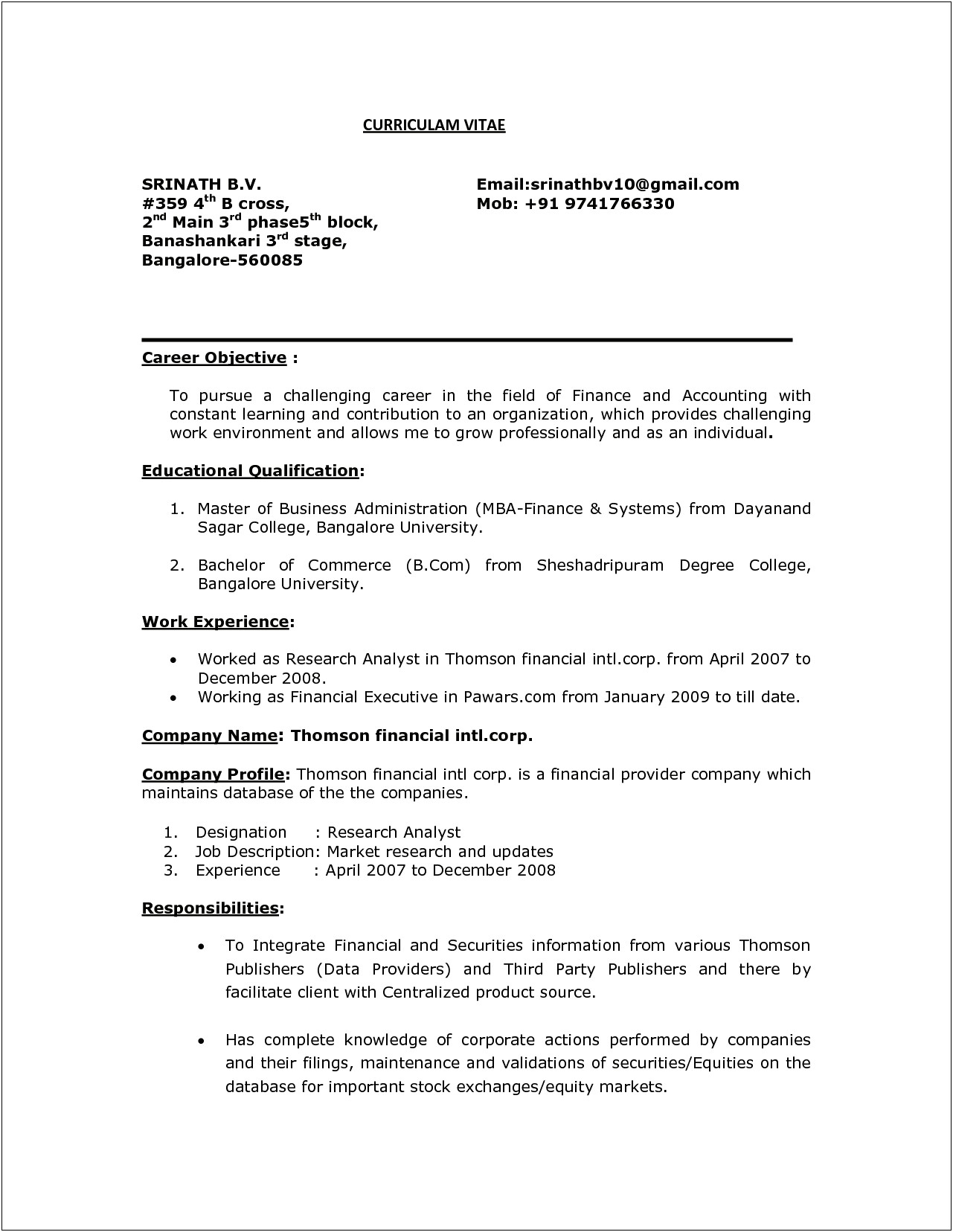 Resume Objective For Job In Finance