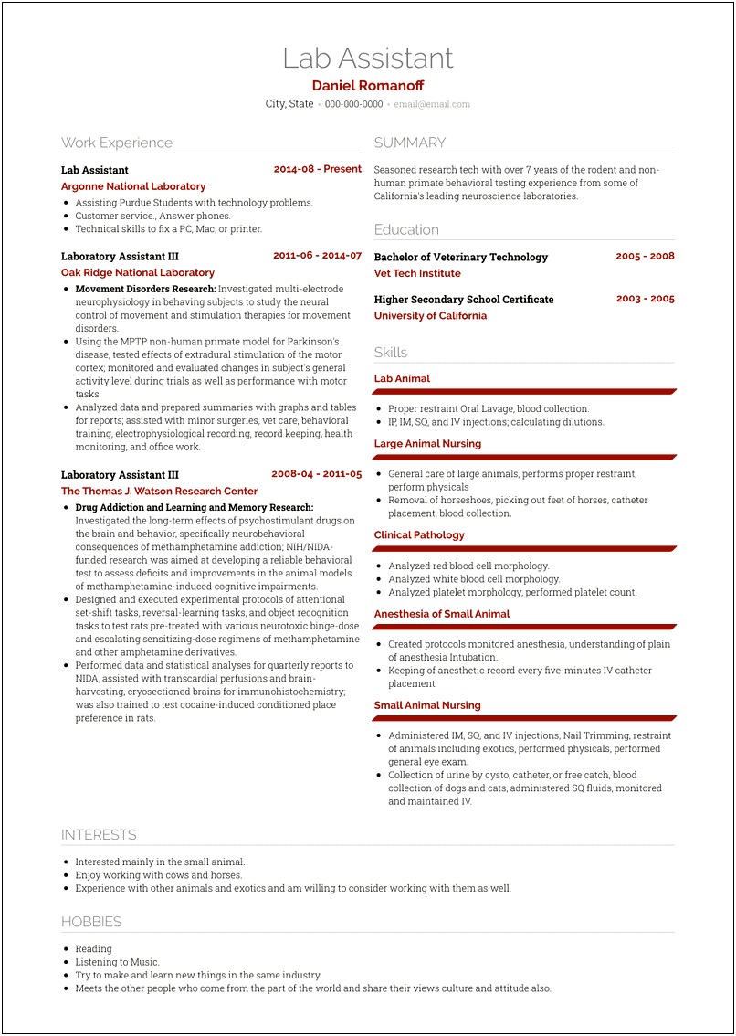 Resume Objective For Lab Assistant