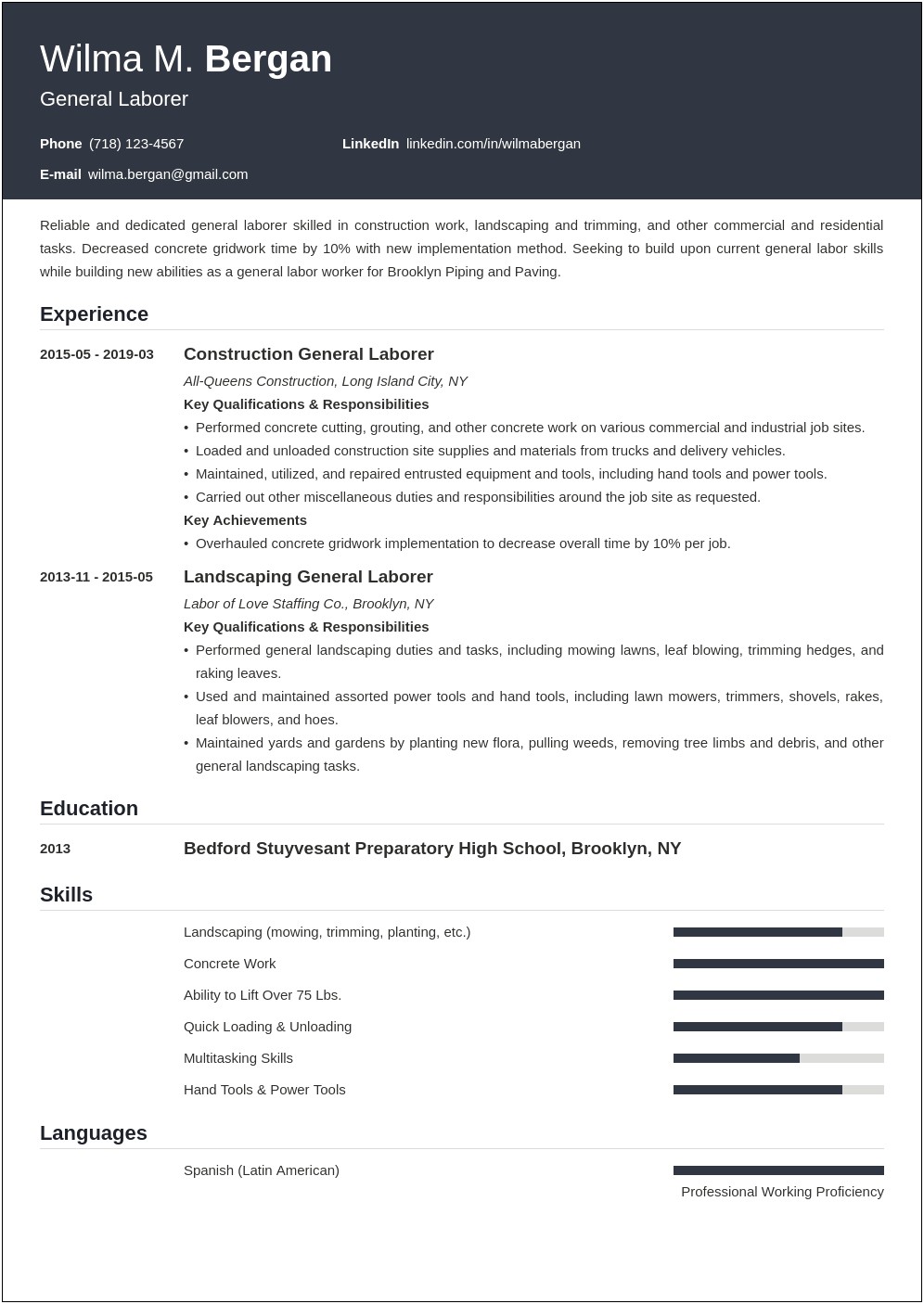Resume Objective For Labor Work