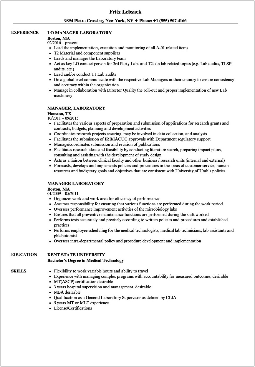 Resume Objective For Laboratory Supervisor