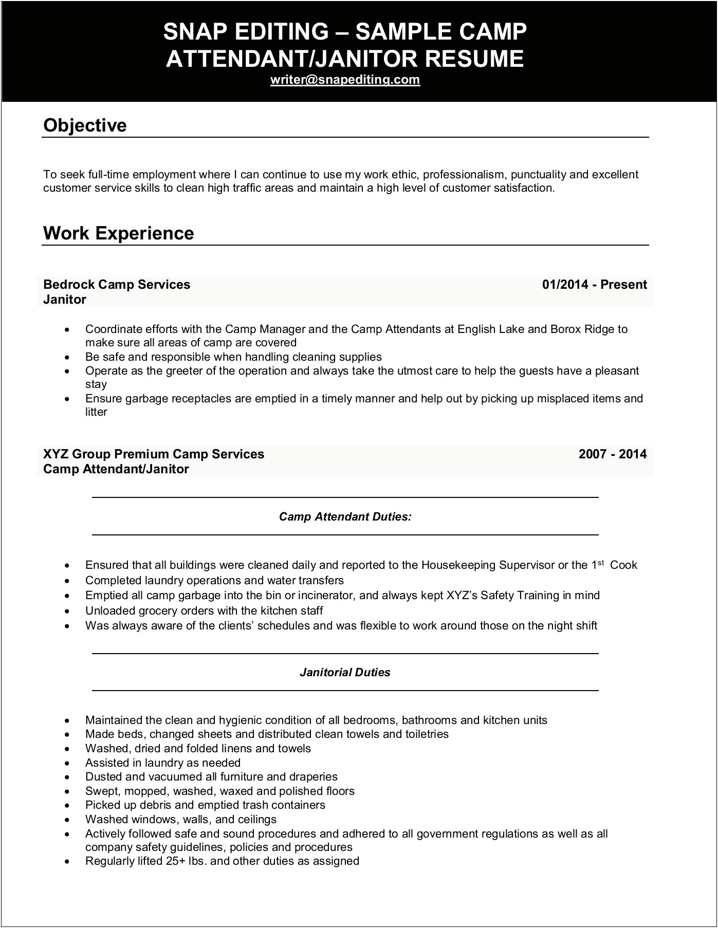 Resume Objective For Laundry Attendant