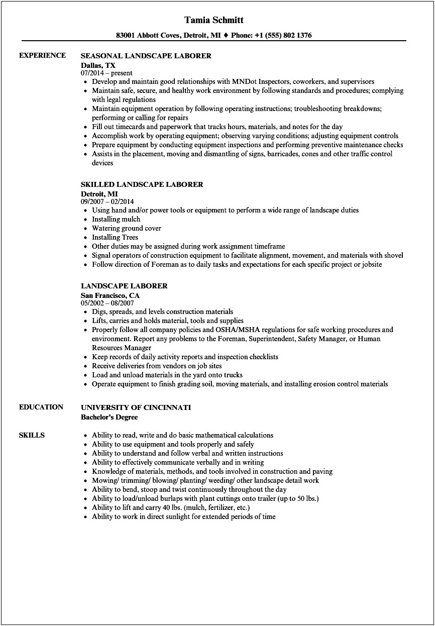 Resume Objective For Lawn Care Construction Worker