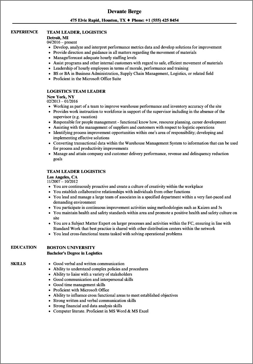 Resume Objective For Leader Position