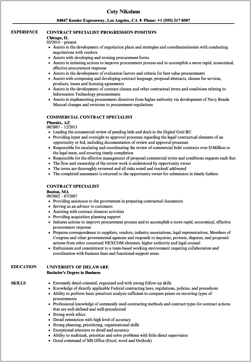Resume Objective For Legal Contracts Specialist