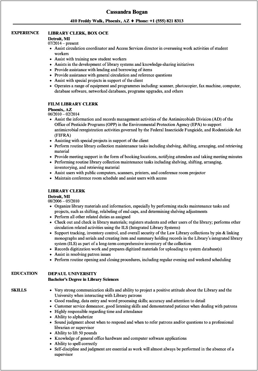 Resume Objective For Library Assistant