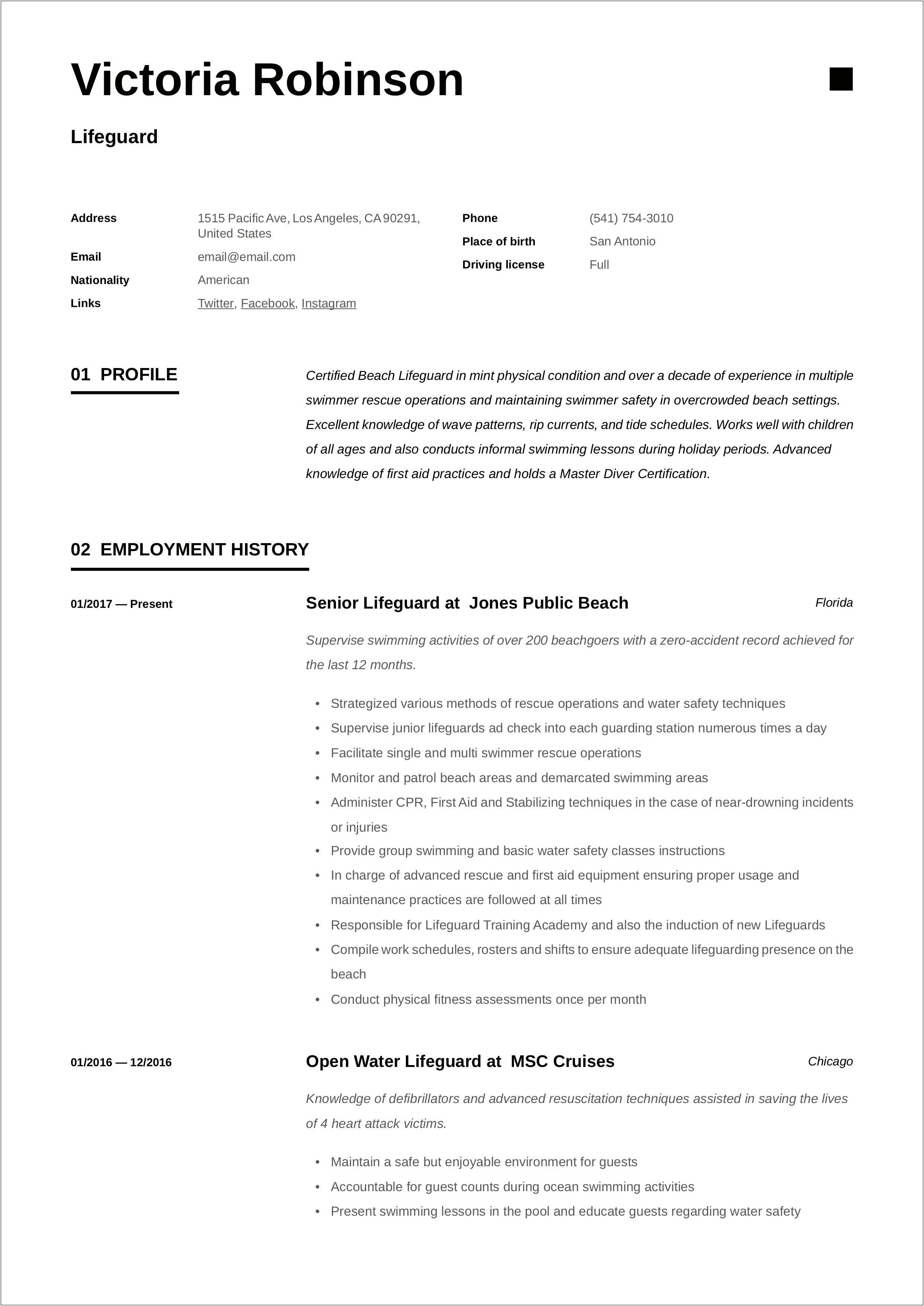 Resume Objective For Lifeguard Position
