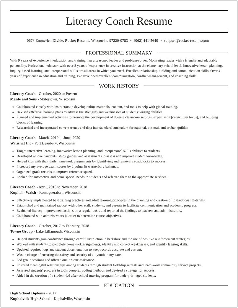 Resume Objective For Literacy Coach