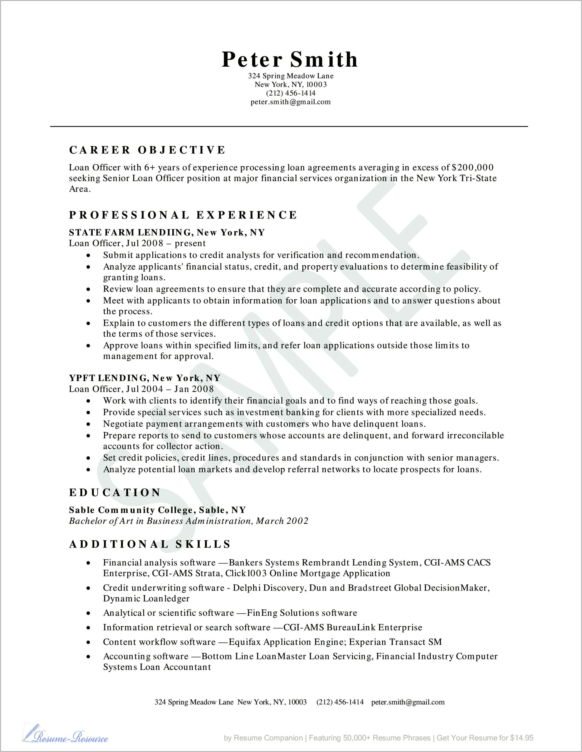 Resume Objective For Loan Specialist