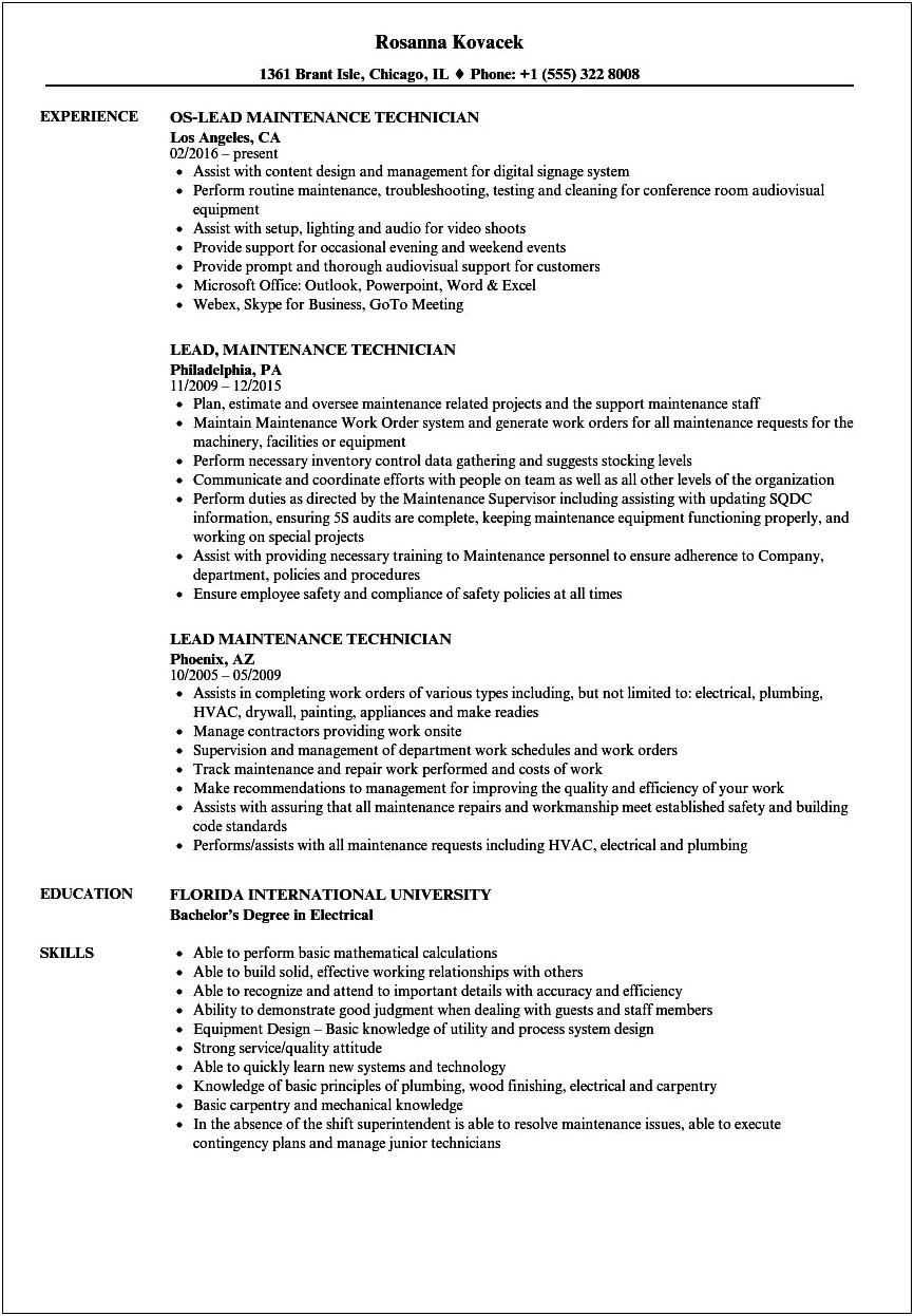 Resume Objective For Maintenance Position