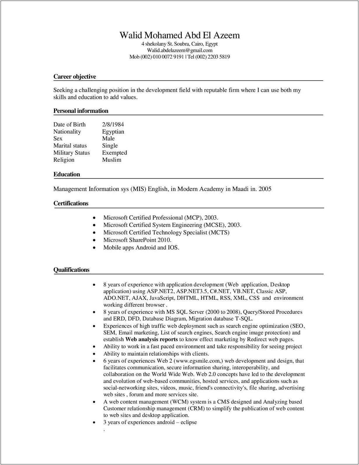 Resume Objective For Management Information Systems