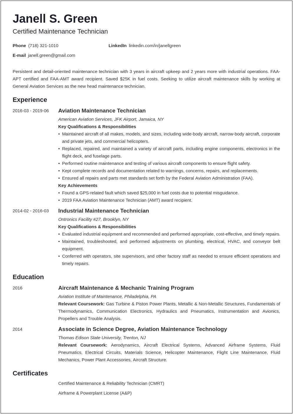 Resume Objective For Manufacturing Technician