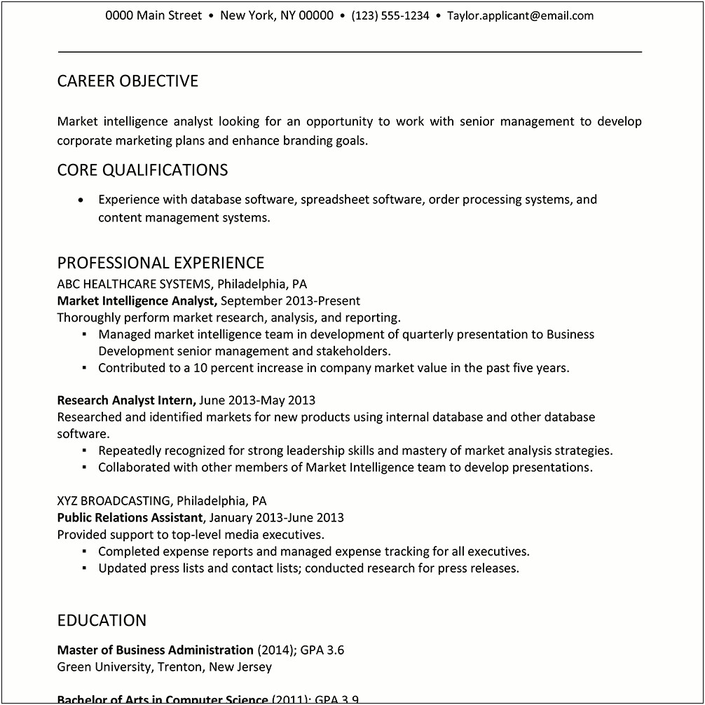 Resume Objective For Marketing Analyst