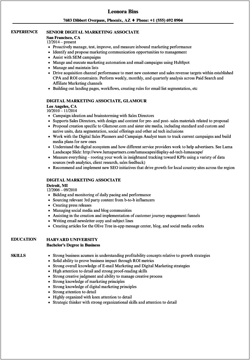 Resume Objective For Marketing Associate