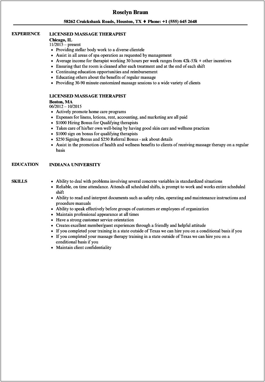 Resume Objective For Massage Therapist
