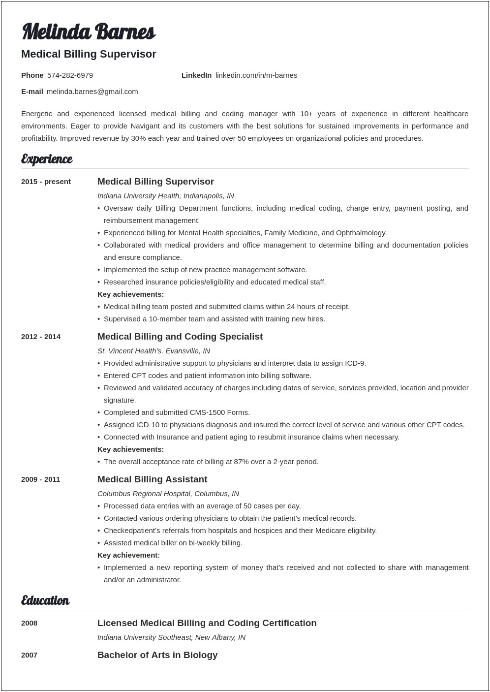 Resume Objective For Medical Billing Position