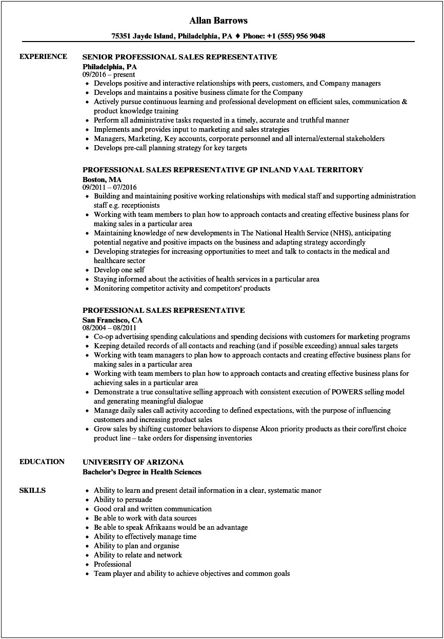 Resume Objective For Medical Sales Rep