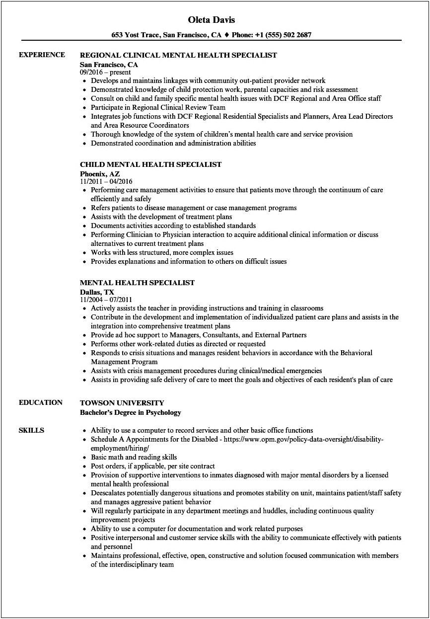 Resume Objective For Mental Health Specialist