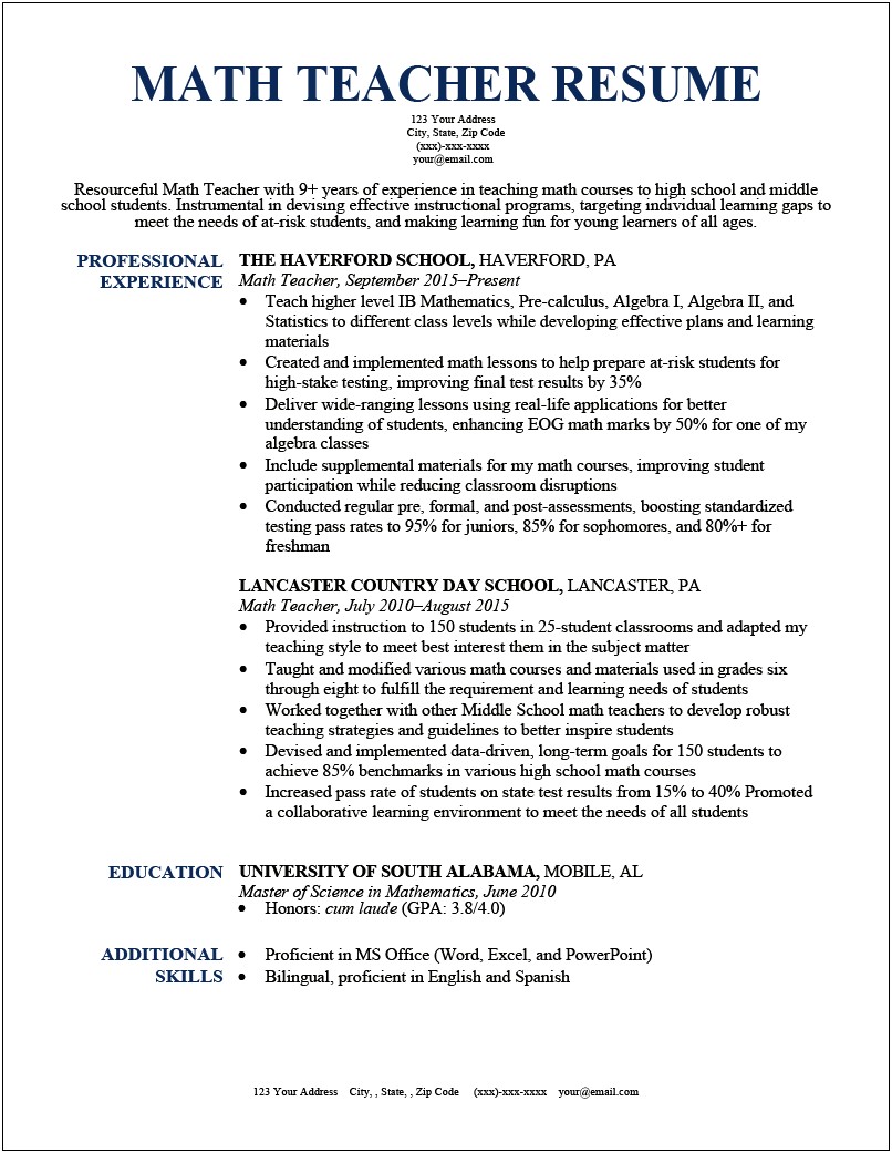 Resume Objective For Middle School Math Teacher