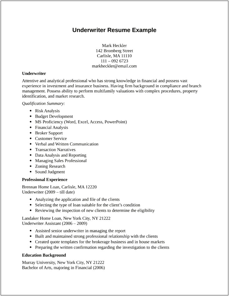 Resume Objective For Mortgage Underwriter