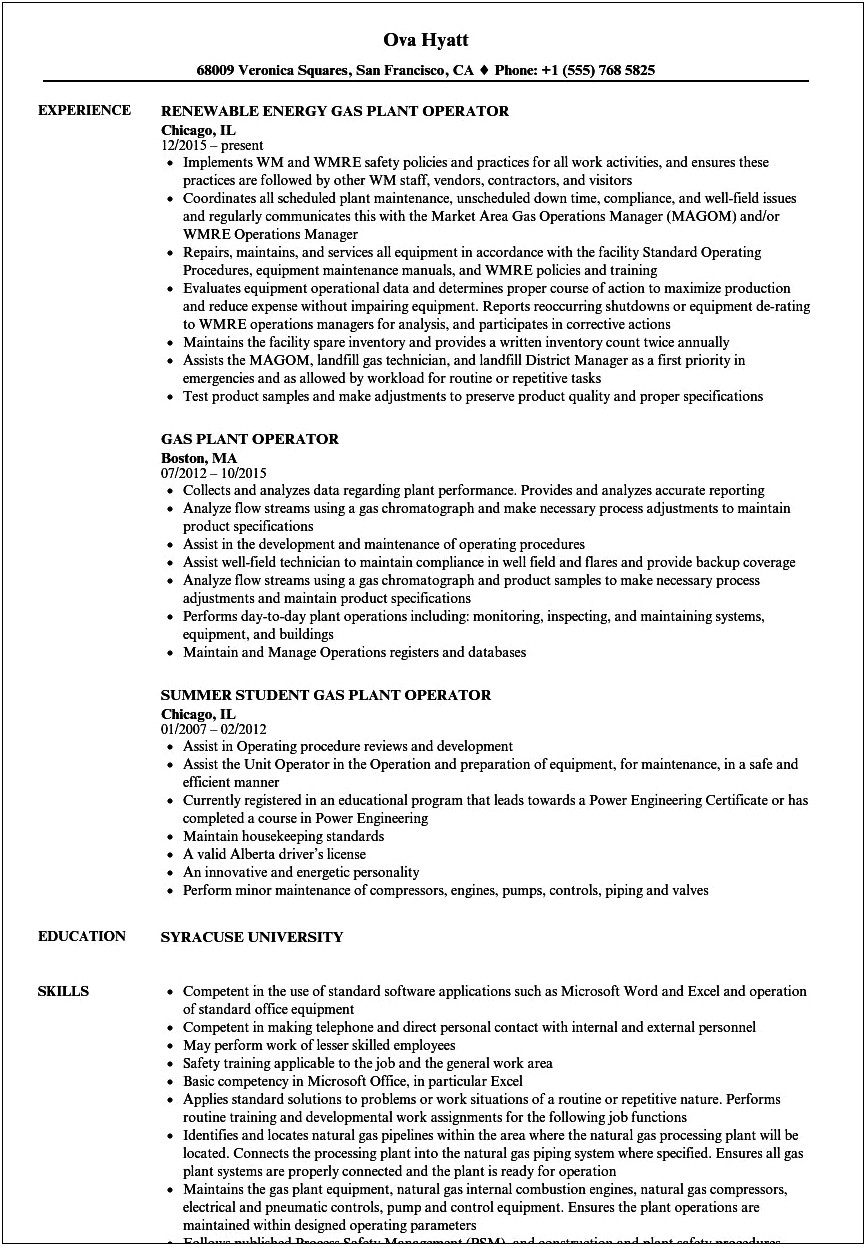 Resume Objective For Natural Gas Company