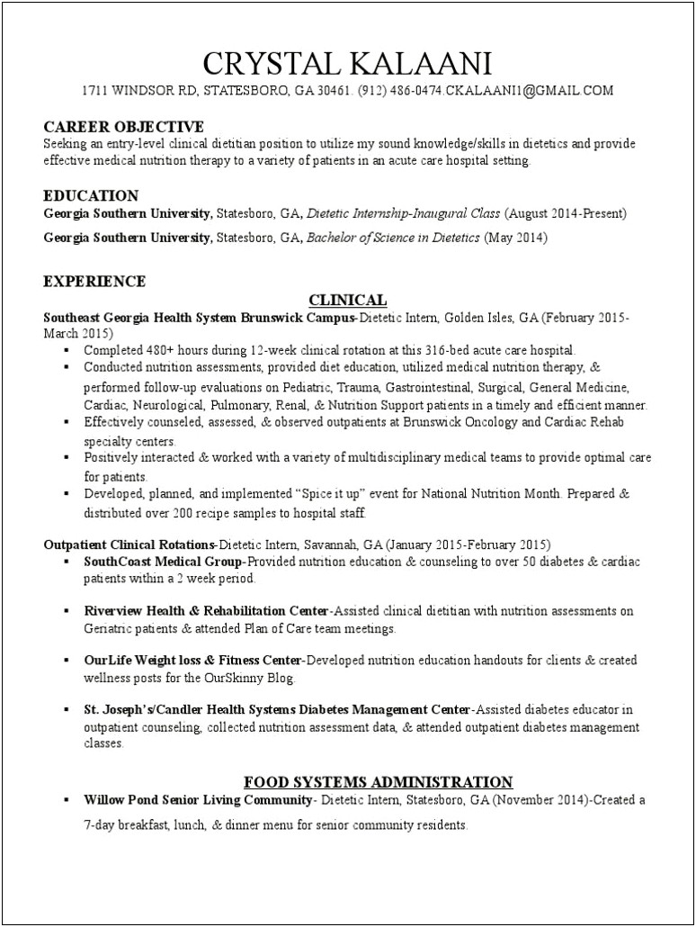 Resume Objective For New Dietitian
