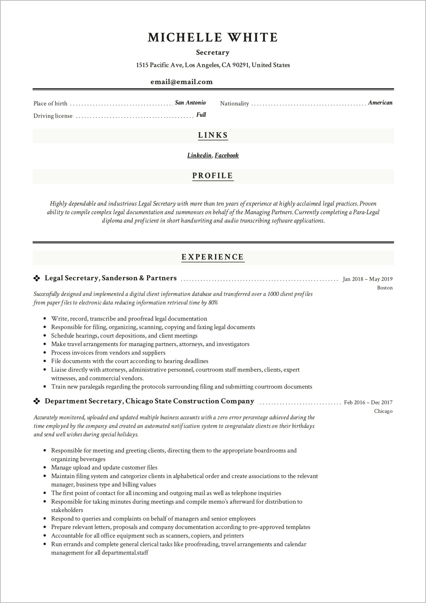 Resume Objective For Office Secretary