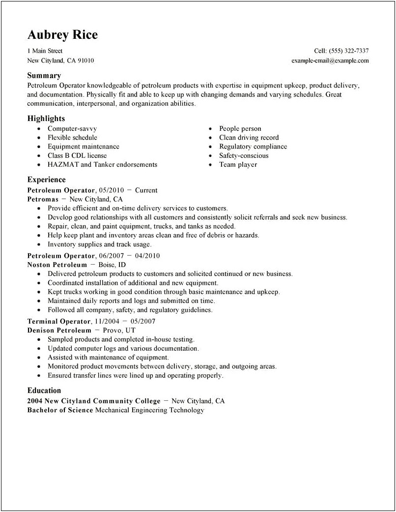Resume Objective For Oil Refinery