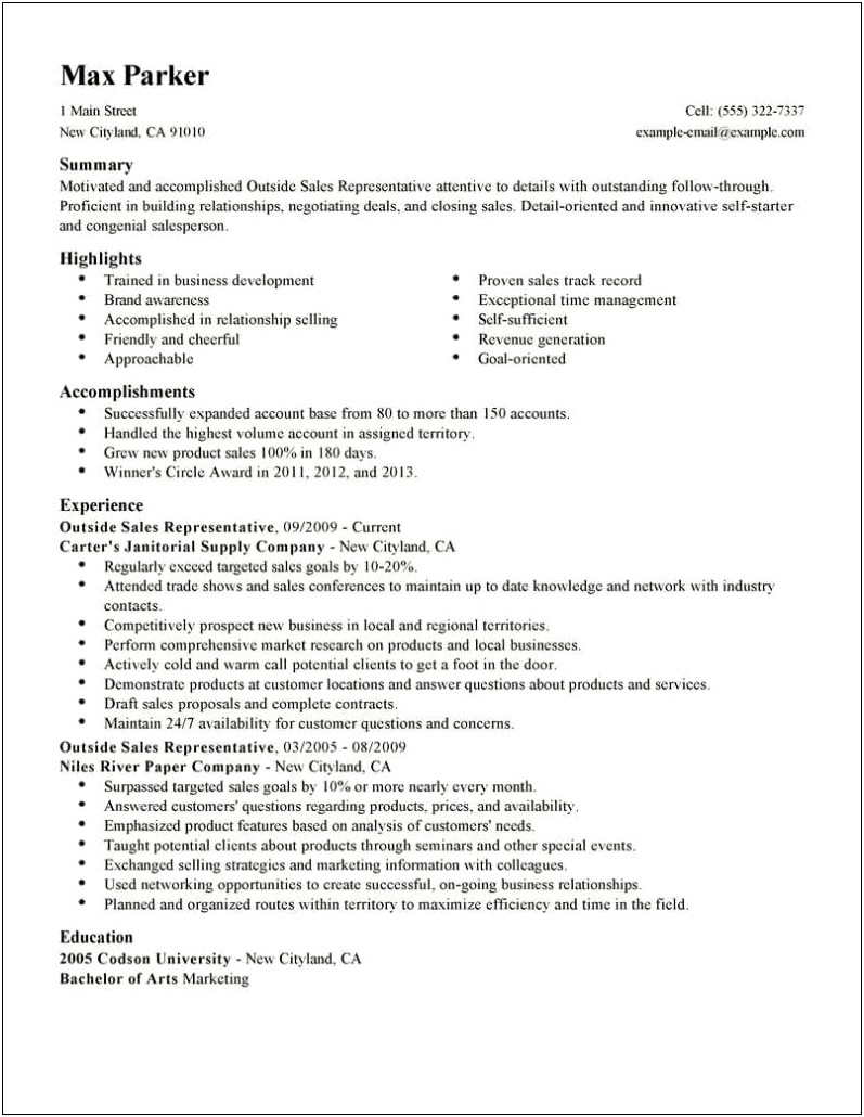 Resume Objective For Outside Sales