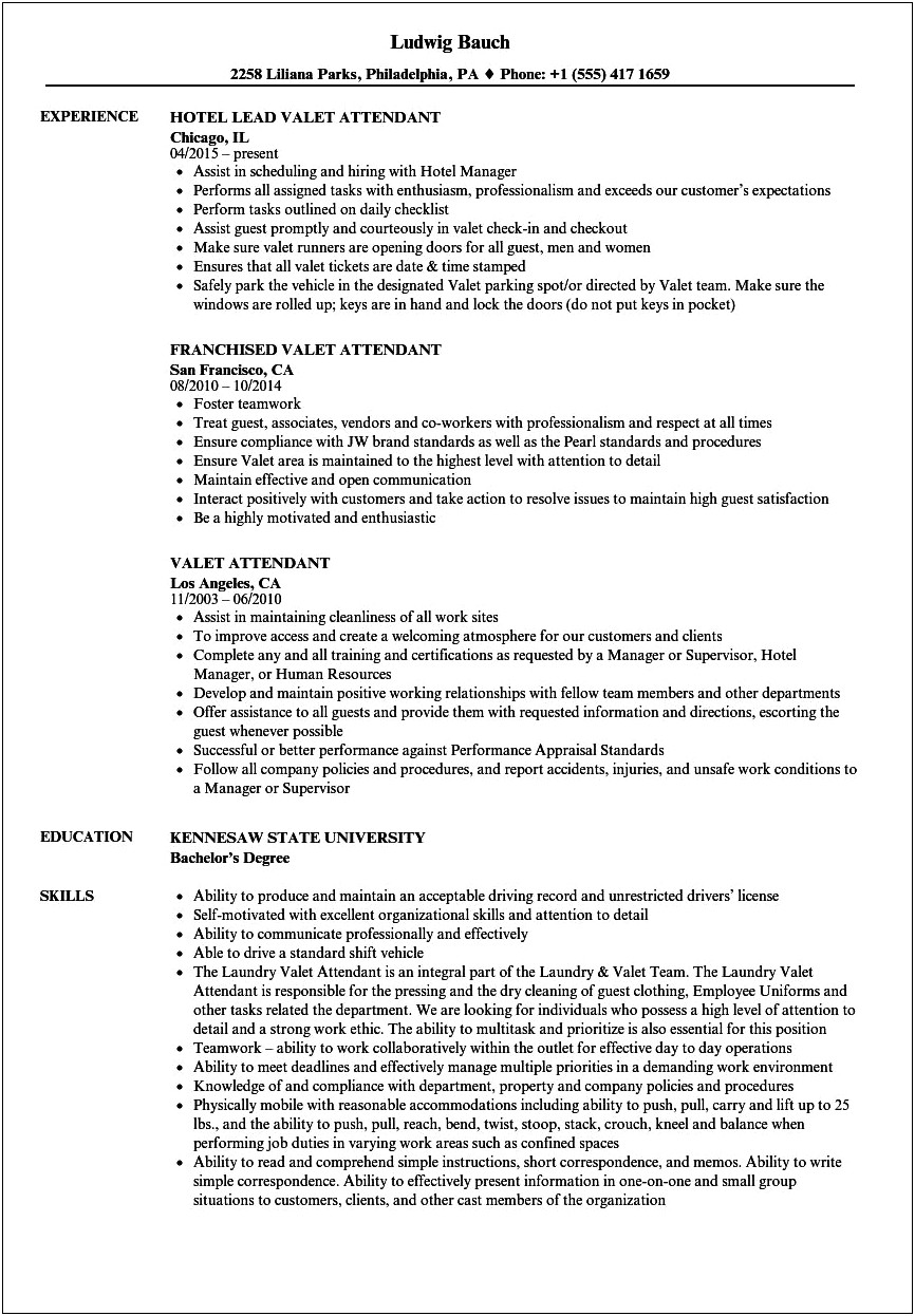 Resume Objective For Parking Attendant