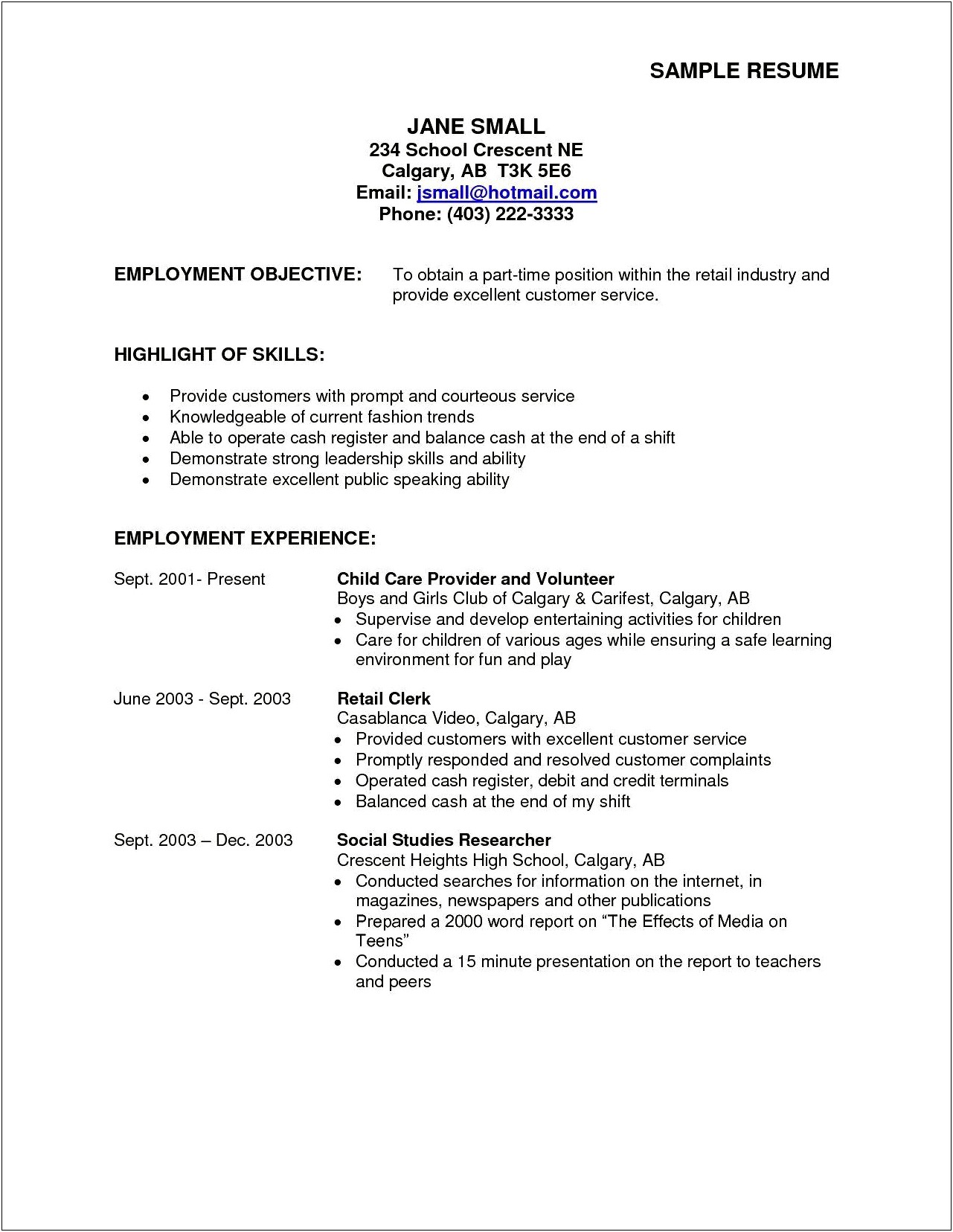 Resume Objective For Part Time Job College Student