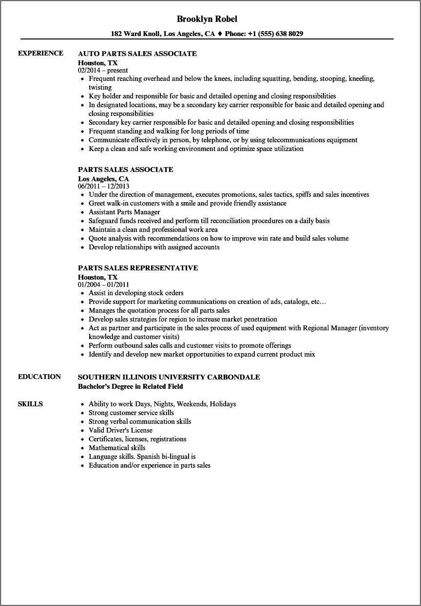 Resume Objective For Parts Salesman
