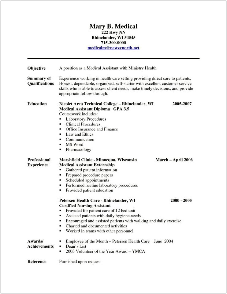 Resume Objective For Patient Care Technician